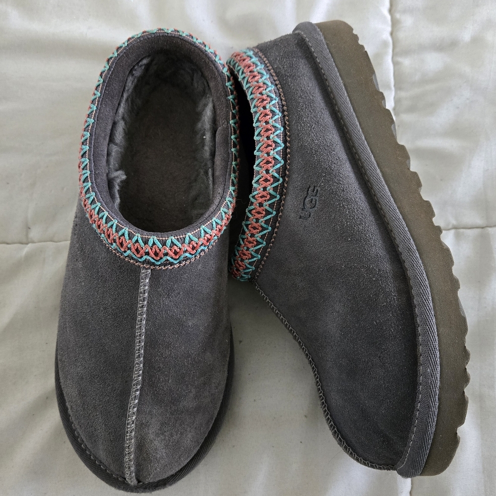 UGG Charcoal Suede Slippers with Vibrant Trim